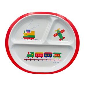 Vintage 1984 PECO Melamine Kids Divided Plate Train Plane Boat Red White 01674
